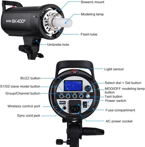 Godox SK400II Professional Compact 400Ws Studio Flash Strobe Light Built-in Godox 2.4G Wireless X System GN65 5600K with 150W Modeling Lamp for E-Commerce Product Portrait Lifestyle Photography in Saudi Arabia