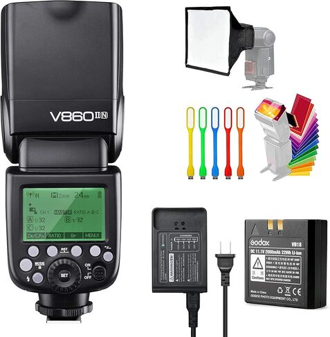 Godox V860II-N I-TTL GN60 2.4G High-Speed Sync 1/8000s Li-ion Battery Camera Flash Speedlite Speedlight Compatible for Nikon Cameras with 15x17cm Softbox & Filter & USB LED in Saudi Arabia