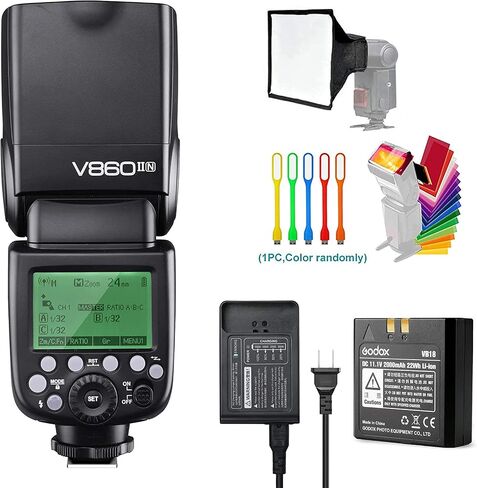 Godox V860II-N I-TTL GN60 2.4G High-Speed Sync 1/8000s Li-ion Battery Camera Flash Speedlite Speedlight Compatible for Nikon Cameras with 15x17cm Softbox & Filter & USB LED in Saudi Arabia