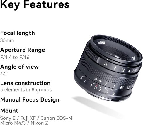 7artisans 35mm F1.4 Mark II APS-C Manual Focus Fixed Lens Large Aperture for Canon EOS-M Mount M1 M2 M3 M5 M6 M10 M50 M100 in Saudi Arabia