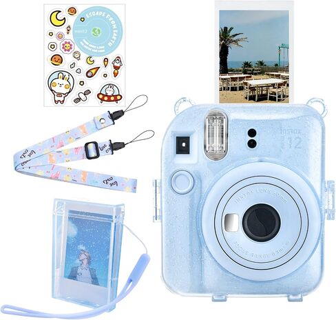 Upgraded Clear Hard Case with DIY Sticker for Fujifilm Instax Mini 12 Instant Camera, Instax Mini 12 Clear Cover with Shoulder Strap - Blue Sticker in Kuwait
