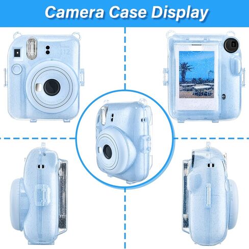 Upgraded Clear Hard Case with DIY Sticker for Fujifilm Instax Mini 12 Instant Camera, Instax Mini 12 Clear Cover with Shoulder Strap - Blue Sticker in Kuwait