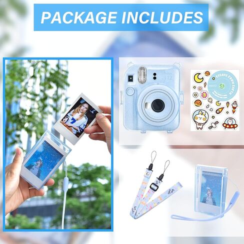 Upgraded Clear Hard Case with DIY Sticker for Fujifilm Instax Mini 12 Instant Camera, Instax Mini 12 Clear Cover with Shoulder Strap - Blue Sticker in Kuwait