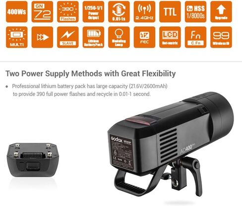 Godox Flash Strobe AD400 Pro AD400Pro All-in-One Outdoor Studio Monolight 400W Photographic Lighting for Canon Sony Nikon Fuji Olympus Panasonic Camera TTL 2.4G HSS GN72-30W LED Modeling Lamp in Saudi Arabia