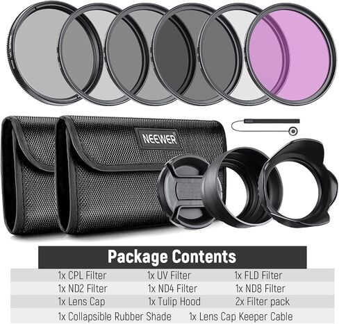 NEEWER 37mm ND Filter Kit and Lens Accessories, ND2 ND4 ND8 UV FLD CPL(Circular Polarizing) Filter Set with Lens Cap/Tulip Shaped Lens Hood in Kuwait