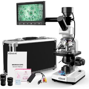 Lab Compound Monocular Microscopes with Constant Temperature,Dual-View Microscope for Adults Students with 40X-2500X Magnification, WF10X/25X Eyepiece, 7'' LCD Screen, Built in 5MP Camera