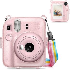 حافظة Fintie الشفافة الواقية لكاميرا Fujifilm Instax Mini 12 الفورية - غطاء صلب كريستالي مع جيب فيلم مطور لتخزين الصور وحزام كتف قوس قزح قابل للإزالة، شفاف لامع