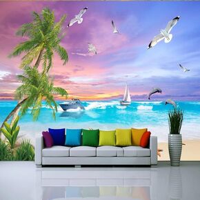 Modern Beach Sea View Seascape Murals, Custom Photo Mural Wallpaper, Mural Paper Wrinkle Free Good Ductility Anti-Deformation for Living Room Bedroom（196.85"W x 124.8"H）