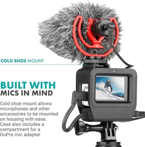 Movo GPR-5 Media Housing GoPro Case Compatible with GoPro Hero 5, GoPro Hero 6, GoPro Hero 7 - Features Cold Shoe Mount for Microphones or Lights - Action Camera Case for Use with GoPro Mic Adapter in Kuwait