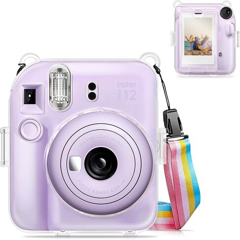 حافظة Fintie الشفافة الواقية لكاميرا Fujifilm Instax Mini 12 الفورية - غطاء صلب كريستالي مع جيب فيلم مطور لتخزين الصور وحزام كتف قوس قزح قابل للإزالة، شفاف لامع in Kuwait
