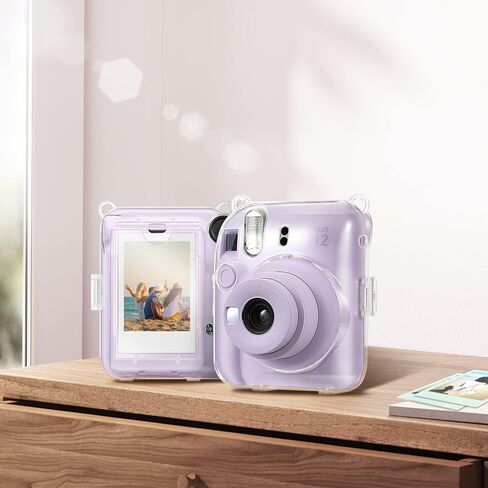 حافظة Fintie الشفافة الواقية لكاميرا Fujifilm Instax Mini 12 الفورية - غطاء صلب كريستالي مع جيب فيلم مطور لتخزين الصور وحزام كتف قوس قزح قابل للإزالة، شفاف لامع in Kuwait