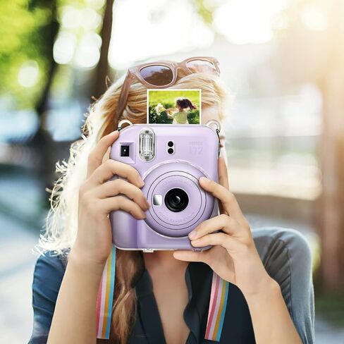 حافظة Fintie الشفافة الواقية لكاميرا Fujifilm Instax Mini 12 الفورية - غطاء صلب كريستالي مع جيب فيلم مطور لتخزين الصور وحزام كتف قوس قزح قابل للإزالة، شفاف لامع in Kuwait