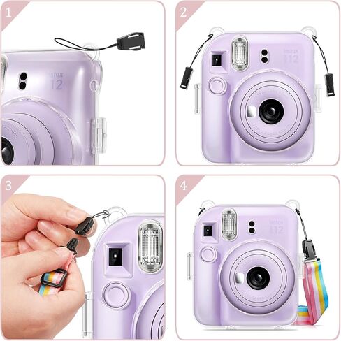 حافظة Fintie الشفافة الواقية لكاميرا Fujifilm Instax Mini 12 الفورية - غطاء صلب كريستالي مع جيب فيلم مطور لتخزين الصور وحزام كتف قوس قزح قابل للإزالة، شفاف لامع in Kuwait