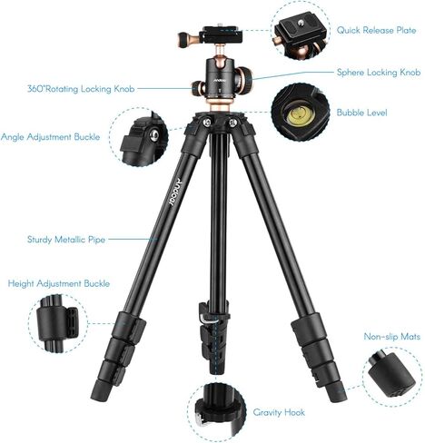 Andoer Q160SA Camera Tripod Complete Tripods with Panoramic Ballhead Bubble Level Adjustable Height Portable Travel Tripod for DSLR Digital Cameras Camcorder Compatible with Canon Nikon Sony in Kuwait