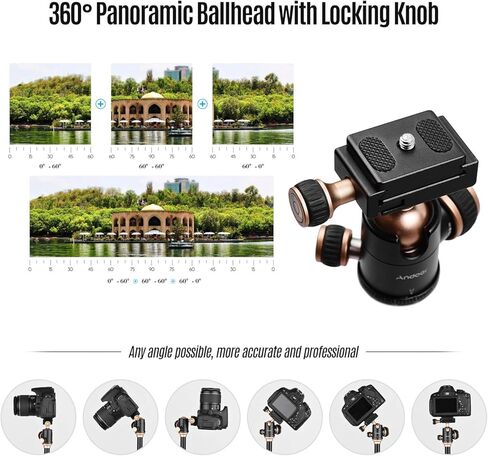 Andoer Q160SA Camera Tripod Complete Tripods with Panoramic Ballhead Bubble Level Adjustable Height Portable Travel Tripod for DSLR Digital Cameras Camcorder Compatible with Canon Nikon Sony in Kuwait