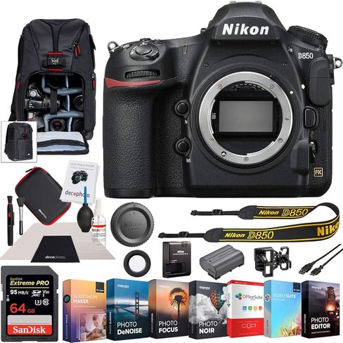 كاميرا Nikon D850 45.7 ميجابكسل كاملة الإطار بصيغة FX-SLR، حزمة هيكل أسود مع بطاقة ذاكرة 64 جيجابايت، جناح التحرير الاحترافي للصور والفيديو، حقيبة ظهر للكاميرا ومجموعة تنظيف in Kuwait