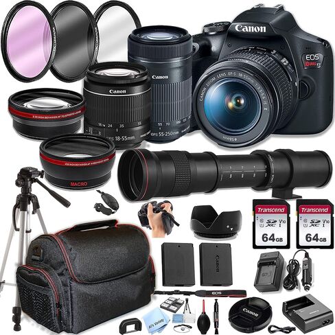 Canon EOS Rebel T7 DSLR Camera w/EF-S 18-55mm F/3.5-5.6 Zoom Lens + 55-250mm f/4-5.6 is STM Lens +420-800mm Super Telephoto Lens + 128GB Memory,Case- Professional Photo Accesory Bundle in Saudi Arabia