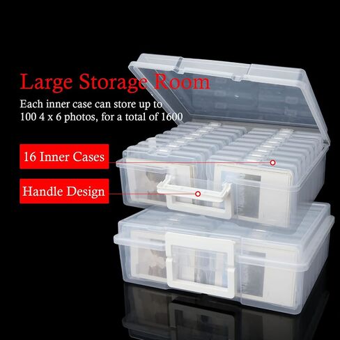 FVIEXE 4 x 6 Photo Storage Box, Clear Photo Organizer Case Holds 1600 Pictures, Plactic Photo Keeper Box with 16 Inner Photo Cases, Large Photo and Craft Keeper Storage Box Containers Box for Photos in Saudi Arabia