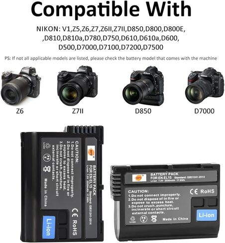 DSTE Replacement for 2X EN-EL15 + Dual LCD Battery Charger Compatible Nikon 1 V1 Z6 Z7 D500 D600 D780 D800 D850 D800E D810A D750 D7000 D7100 D610 D7200 with Type-C and Micro-USB Port in Saudi Arabia