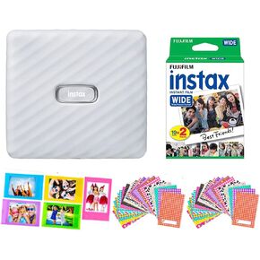 Fujifilm Instax Link Wide Smartphone Printer Ash White + Fuji Instax Wide Instant Film Value Pack (20 Sheets) with Film Stickers, Frames Wireless Bluetooth Printer