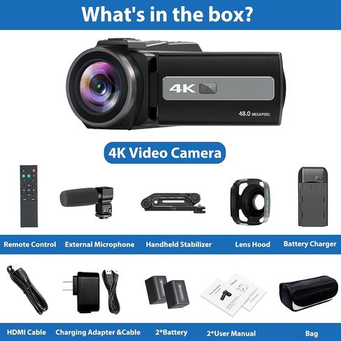 Femivo Video Camera Camcorder, 4K 48MP WiFi Vlogging Camera 16X Video Recorder with Touch Screen IR Night Vision YouTube Camera with Mic, Stabilizer, Lens Hood, Remote Control, Battery Charger in Saudi Arabia