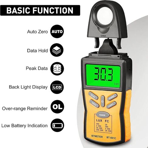 مقياس الضوء الإنارة الرقمي BTMETER BT-881C ، مقياس الضوء لومن / FC ، مقياس مستشعر لوكس ميتر 0.1~20000 لوكس (0.01~20000FC) ، إضاءة مشرقة للتصوير الفوتوغرافي، النبات، شمعة القدم in Saudi Arabia