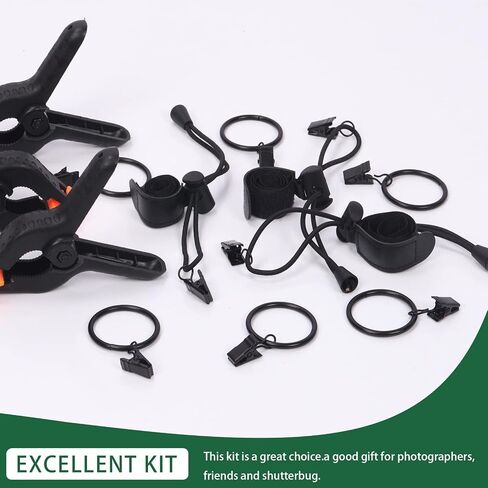 Keadic 22Pcs Photography Background Clips Kit Includes 4 Inch Plastic Spring Clamps, Adjustable Elastic Clamps Holders and Curtain Ring Clips for Video Studio Backdrop Muslin in Saudi Arabia