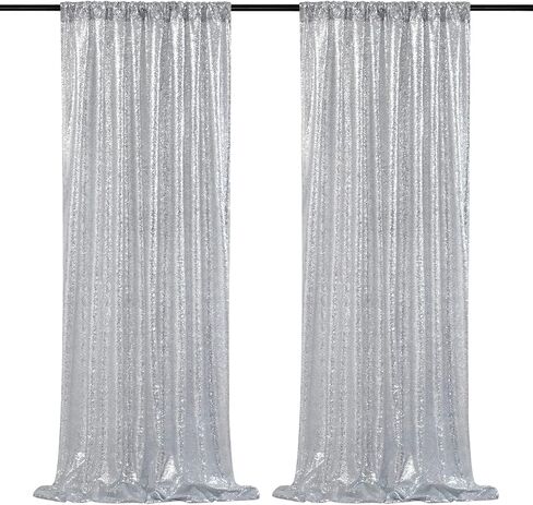 Silver Sequin Backdrop 2 Panels 2FTx8FT Christmas Party Backdrop Curtains | Glitter Photo Background for Wedding Baby Shower Event Birthday Stage Decorations，Sparkly 3MM sequins with 4 inch rod pockets in Saudi Arabia