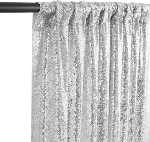 Silver Sequin Backdrop 2 Panels 2FTx8FT Christmas Party Backdrop Curtains | Glitter Photo Background for Wedding Baby Shower Event Birthday Stage Decorations，Sparkly 3MM sequins with 4 inch rod pockets in Saudi Arabia