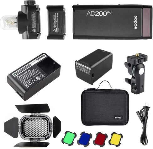 Godox AD200 Pro AD200Pro 200Ws 2.4G Flash Strobe, 1/8000 HSS, 500 Full Power Flashes, 2900mAh Battery, Bare Bulb/Speedlite Fresnel Flash Head with BD-07 Barn Door Honeycomb Grid 4 Color Filter in Saudi Arabia