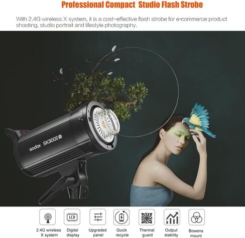 Godox SK300II-V Upgraded Studio Flash Light 300Ws Power GN58 5600±200K Strobe Light Built-in 2.4G Wireless X System with LED Modeling Lamp Bowens Mount Photography Flashes for Advertising Photography in Saudi Arabia