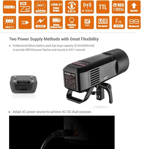Godox AD400 Pro AD400Pro Outdoor Flash Strobe Light, 400w TTL Portable Strobe Monolight 1/8000s HSS Speedlite, Rechargeable Li-ion Battery, 30W LED Modeling Lamp, 0.01-1s Recycle, 390 Full Power Pops in Saudi Arabia