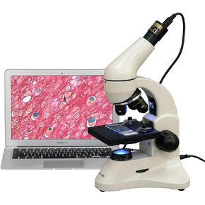 AmScope M120C-2L-PB10-E5 مجهر رقمي، عدسات WF10x وWF25x، تكبير 40x-1000x، برايتفيلد، إضاءة LED العلوية والسفلية، مرحلة عادية، تتضمن شرائح فارغة ومعدة، كاميرا 5 ميجابكسل وبرامج in Saudi Arabia