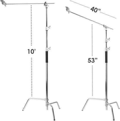 Flashpoint 10' C Light Stand on Turtle Base Kit with Two Tier Spring Loaded Riser Column, 3" GOBO Heads, Baby Pin and 40" Grip Arm, Chrome, a for Cinema Still Studios in Saudi Arabia