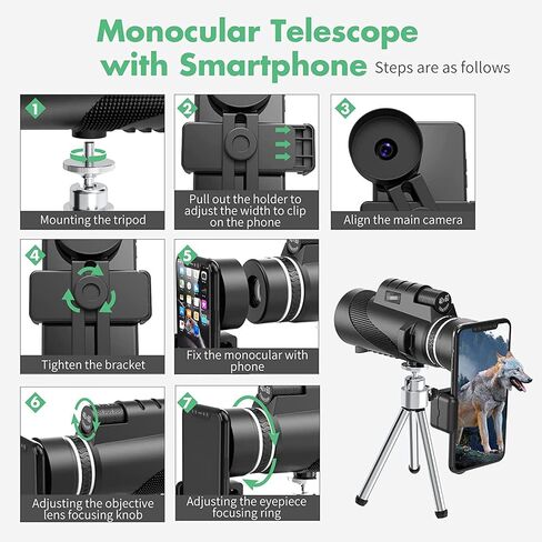 40 × 60 Monocular Telescope, with Smartphone Mount Tripod FMC Coated BAK4 Prisms Waterproof Fogproof Bifocal Monoculars for Bird Watching Travel Concerts in Kuwait