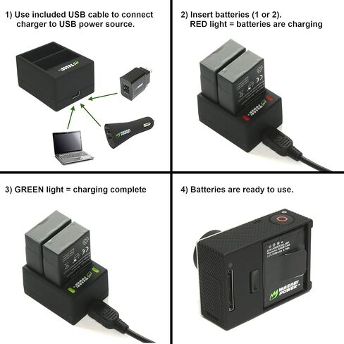 شاحن بطارية واسابي باور مزدوج USB لكاميرات جو برو هيرو 3، هيرو 3 بلس (مع مقابس السيارة والولايات المتحدة) in Kuwait