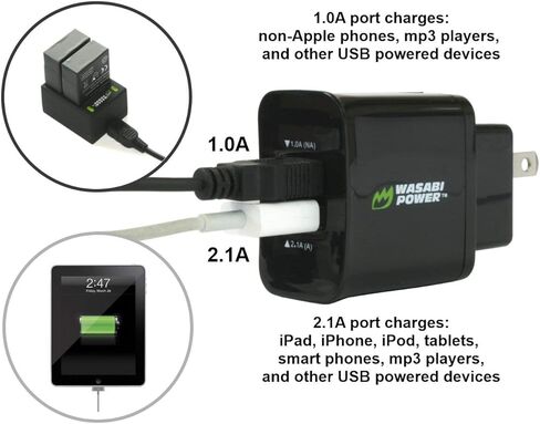 شاحن بطارية واسابي باور مزدوج USB لكاميرات جو برو هيرو 3، هيرو 3 بلس (مع مقابس السيارة والولايات المتحدة) in Kuwait