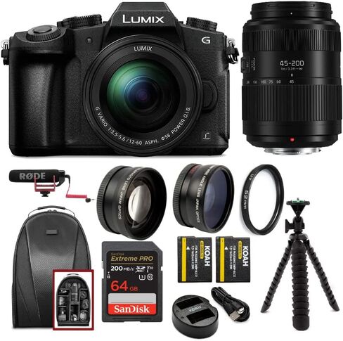 Panasonic LUMIX G85 4K Mirrorless Camera with G Vario 12-60mm and 45-200mm Lens Bundle with Microphone, Battery and Dual Charger, Backpack, 64GB Card, Tripod, 58mm Lens and Protection Filter (9 items) in Saudi Arabia