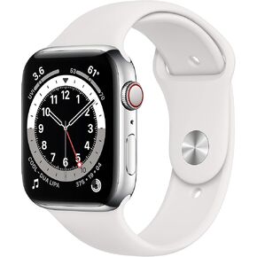 Apple Watch Series 6 (GPS + Cellular, 44mm) - Silver Stainless Steel Case with White Sport Band (Renewed) in Saudi Arabia