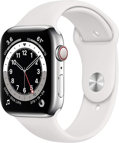 Apple Watch Series 6 (GPS + Cellular, 44mm) - Silver Stainless Steel Case with White Sport Band (Renewed) in Saudi Arabia