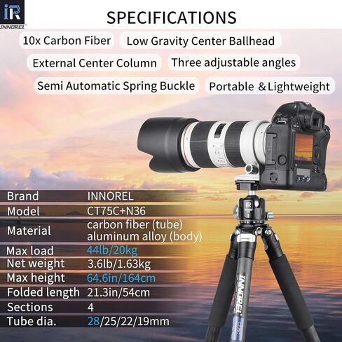 Carbon Fiber Tripod-INNOREL CT75C Professional Compact Portable Travel Tripod Heavy Duty Camera Stand for Digital DSLR Video Camcorder Load 44.1lb/20kg Tube 1.1in/29.0mm with Adjustable Center Column in Saudi Arabia