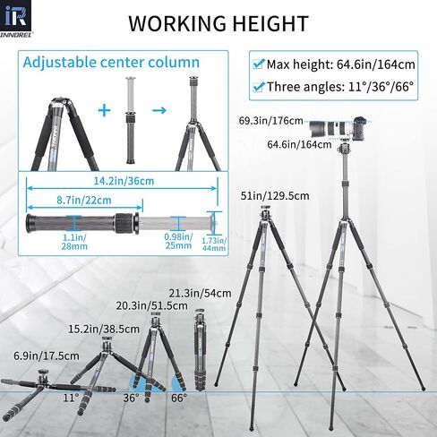 Carbon Fiber Tripod-INNOREL CT75C Professional Compact Portable Travel Tripod Heavy Duty Camera Stand for Digital DSLR Video Camcorder Load 44.1lb/20kg Tube 1.1in/29.0mm with Adjustable Center Column in Saudi Arabia