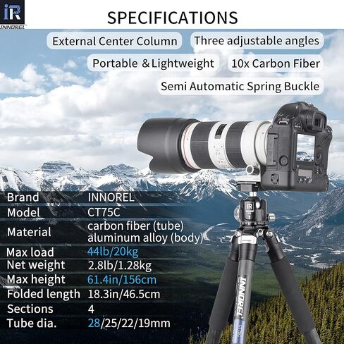 حامل ثلاثي من ألياف الكربون-INNOREL CT85C حامل ثلاثي احترافي محمول لكاميرا DSLR حامل عالي التحمل مع أنبوب 32 مم/1.26 بوصة مركز جاذبية منخفضة 360 درجة رأس كروي بانورامي أقصى تحميل 55 رطل/25 كجم عمود مركزي قصير in Kuwait