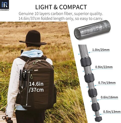 10 Layers Carbon Fiber Travel Tripod Monopod-INNOREL RT55C with 36mm Panoramic Ball Head 360 Degree and Carrying Case Professional Lightweight Compact Tripods for Digital Camera Camcorder DSLR in Saudi Arabia