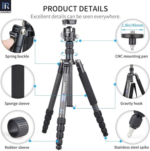 10 Layers Carbon Fiber Travel Tripod Monopod-INNOREL RT55C with 36mm Panoramic Ball Head 360 Degree and Carrying Case Professional Lightweight Compact Tripods for Digital Camera Camcorder DSLR in Saudi Arabia