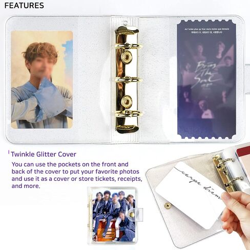 twinkle glitter mini photocard ring binder album/Compatible with 2x3 Photos of Fujifilm Instax Mini Cameras, Collecting Kpop Photo Cards and Name Cards (binder+10sheets+zipper bag)/Pack of 2 in Kuwait