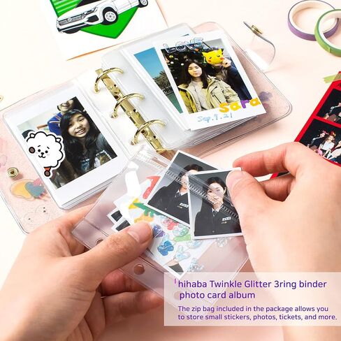 twinkle glitter mini photocard ring binder album/Compatible with 2x3 Photos of Fujifilm Instax Mini Cameras, Collecting Kpop Photo Cards and Name Cards (binder+10sheets+zipper bag)/Pack of 2 in Kuwait