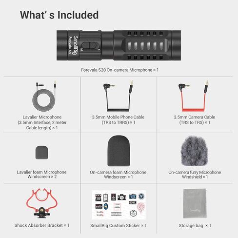 SMALLRIG S20 Video Microphone with Shock Mount, Deadcat, Dual Channel Camera Microphone for Canon & DSLR Cameras and Camcorders, Mini Shotgun Mic for iPhone and Smartphones - 3468 in Kuwait