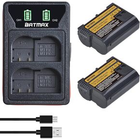 بطارية Batmax 2X 2280 مللي أمبير EN-EL15C EN-EL15 + شاحن USB مدمج LED مع منفذ من النوع C لنيكون EN-EL15A EL15b Z5، Z6، Z6 II، Z7، Z7II، D780، D850، D7500، D500، D600، D610، كاميرات D750، D800
