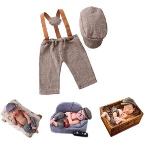 Newborn Monthly Baby Photo Props Stripe Checked Flat Cap Newsboy Suspender Pants Romper for Photography Outfits in Saudi Arabia